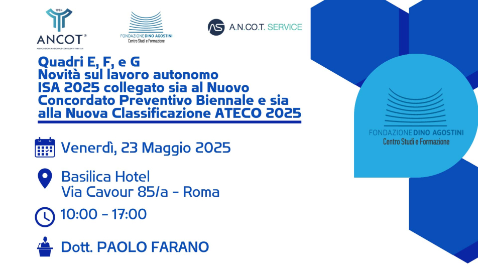 QUADRI E, F, E G - NOVITÀ SUL LAVORO AUTONOMO - ISA 2025 COLLEGATO SIA AL NUOVO CONCORDATO PREVENTIVO BIENNALE E SIA ALLA NUOVA CLASSIFICAZIONE ATECO 2025